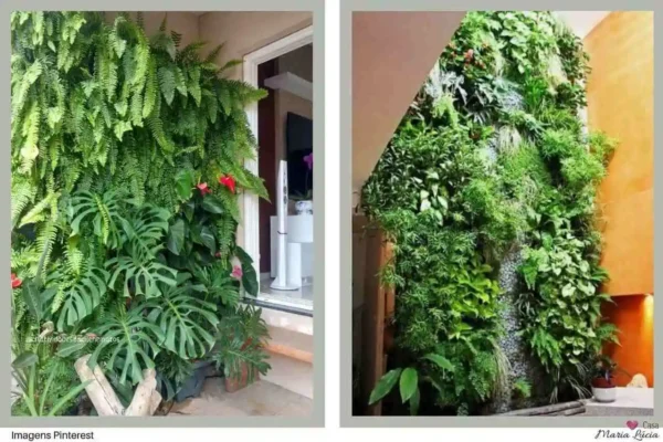 paredes cobertas de plantas verdes fazendo um jardim vertical