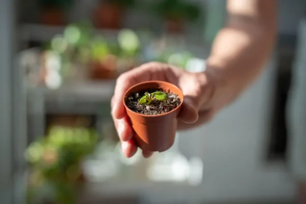 Muda de pilea peperomioides em vaso de plástico seguro por mãos 