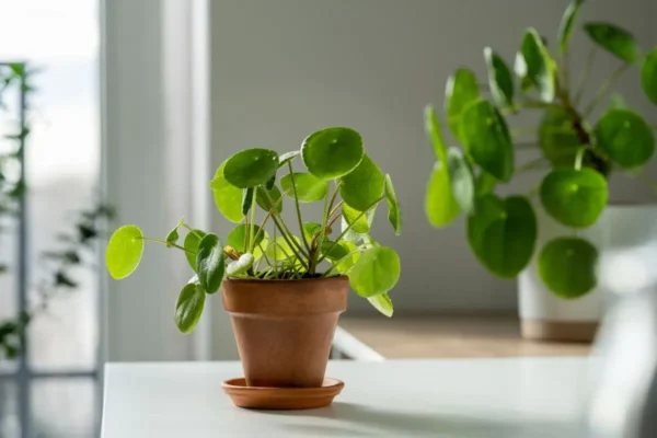 pilea peperomioides em mesa branca