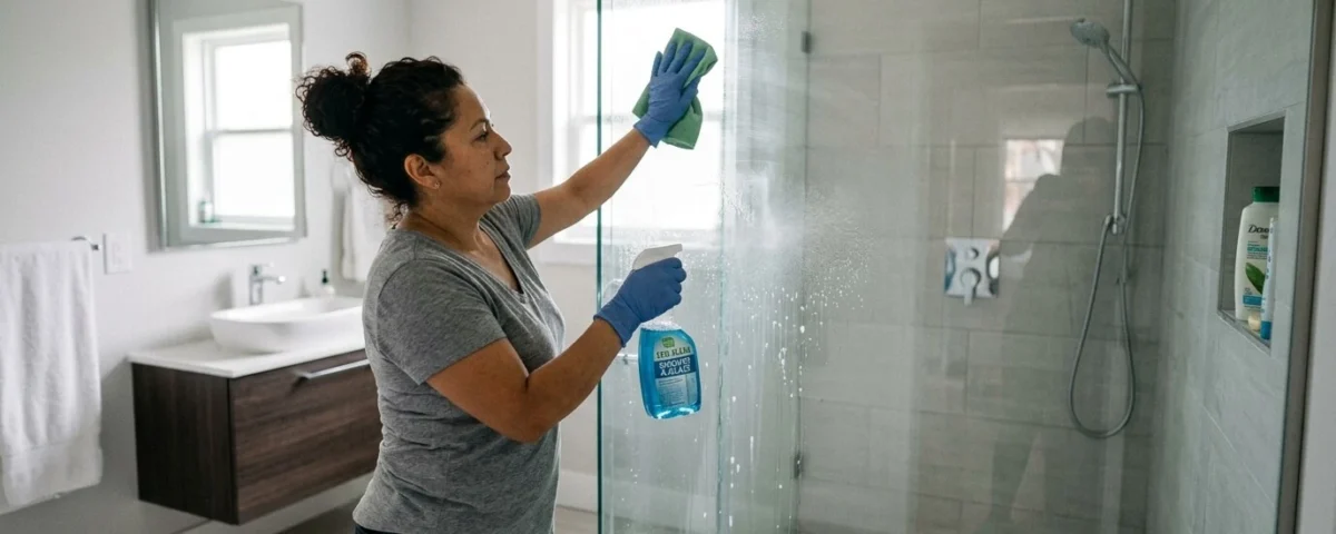 mulher limpando vidro do box do banheiro